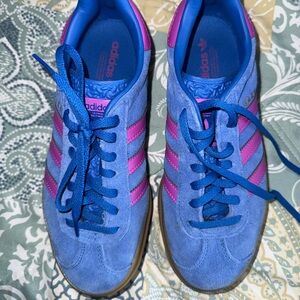 adidas Blue Suede Sneakers with Pink Stripes